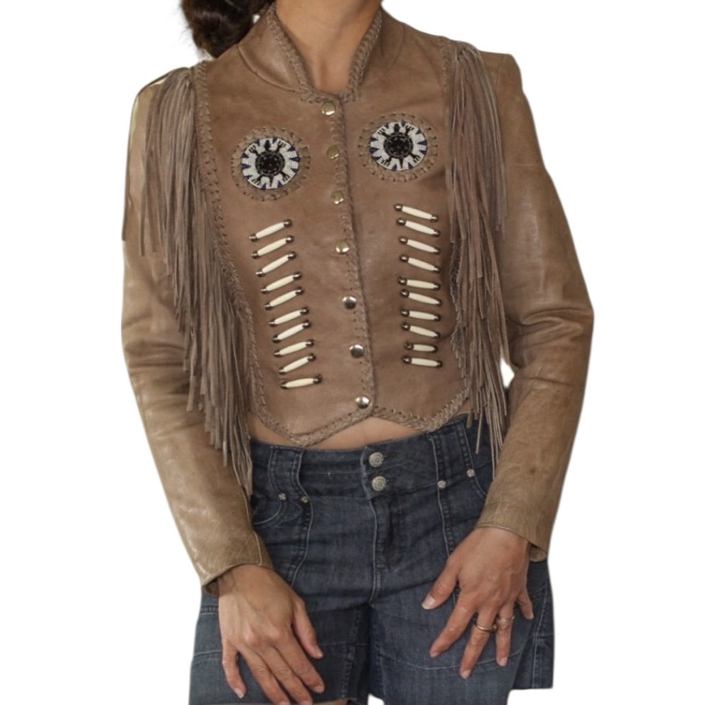 Hot Leathers Bone & Bead Fringe Leather Jacket